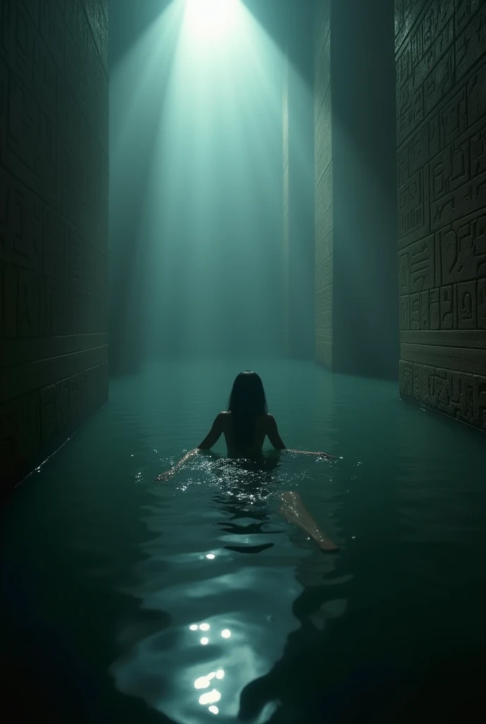 Egyptian girl with thin straight hair and heels lying dead inside a pool of water inside the pyramid in dark and foggy environment
