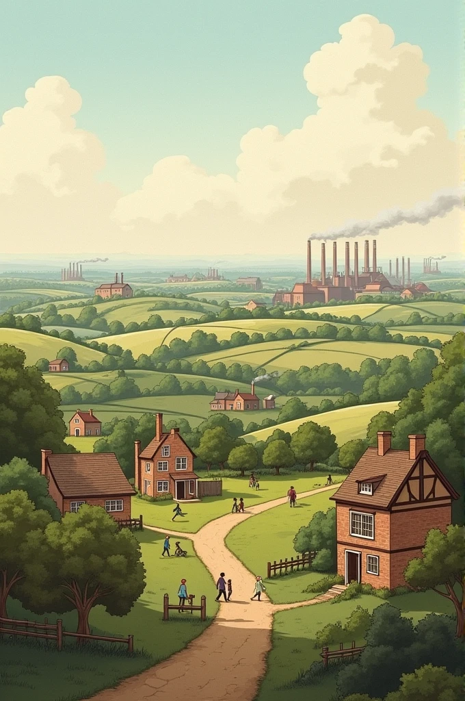 A picture of Manchester in the late 18th century. The cartoon shows a rural landscape with small country houses and agricultural land.. on the horizon, The first factories begin to appear, with chimneys belching smoke.