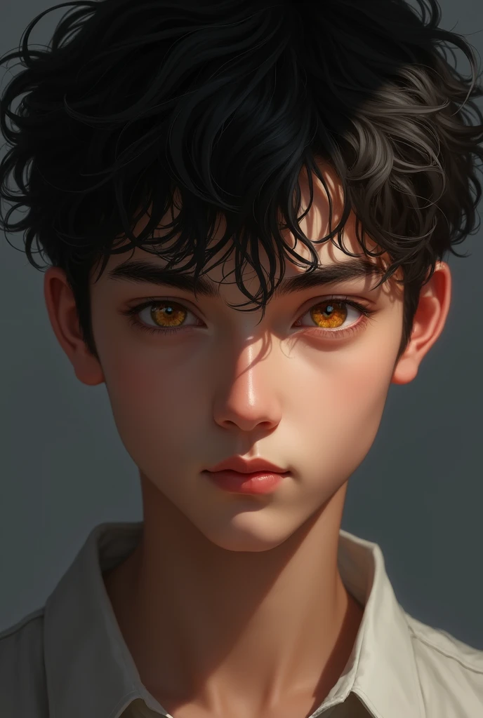 Young man short curly dark hair with golden eyes