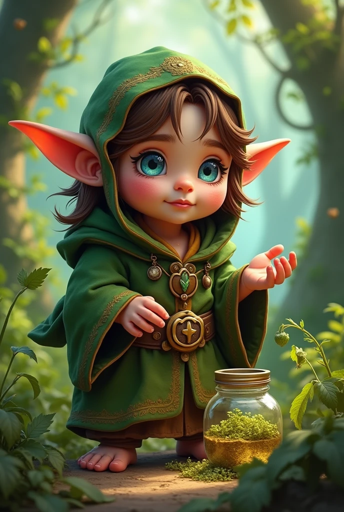 Make an image of a half-gnome druid,medium brown hair,weight 30k height 1,20 , herbalist,blue eyes and green color