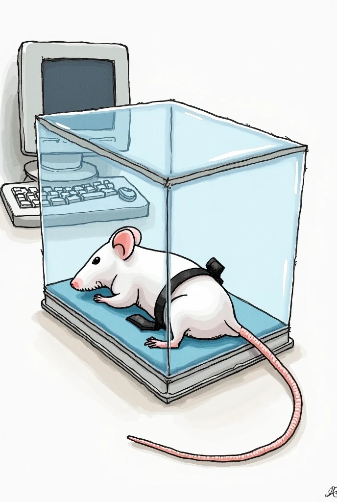 hand drawn drawing of a white mouse lying in a transparent box having its blood pressure measured by telemetry with transducer wires attached to its tail by a black ribbon on the tail very close to the leg in a laboratory, showing the computer