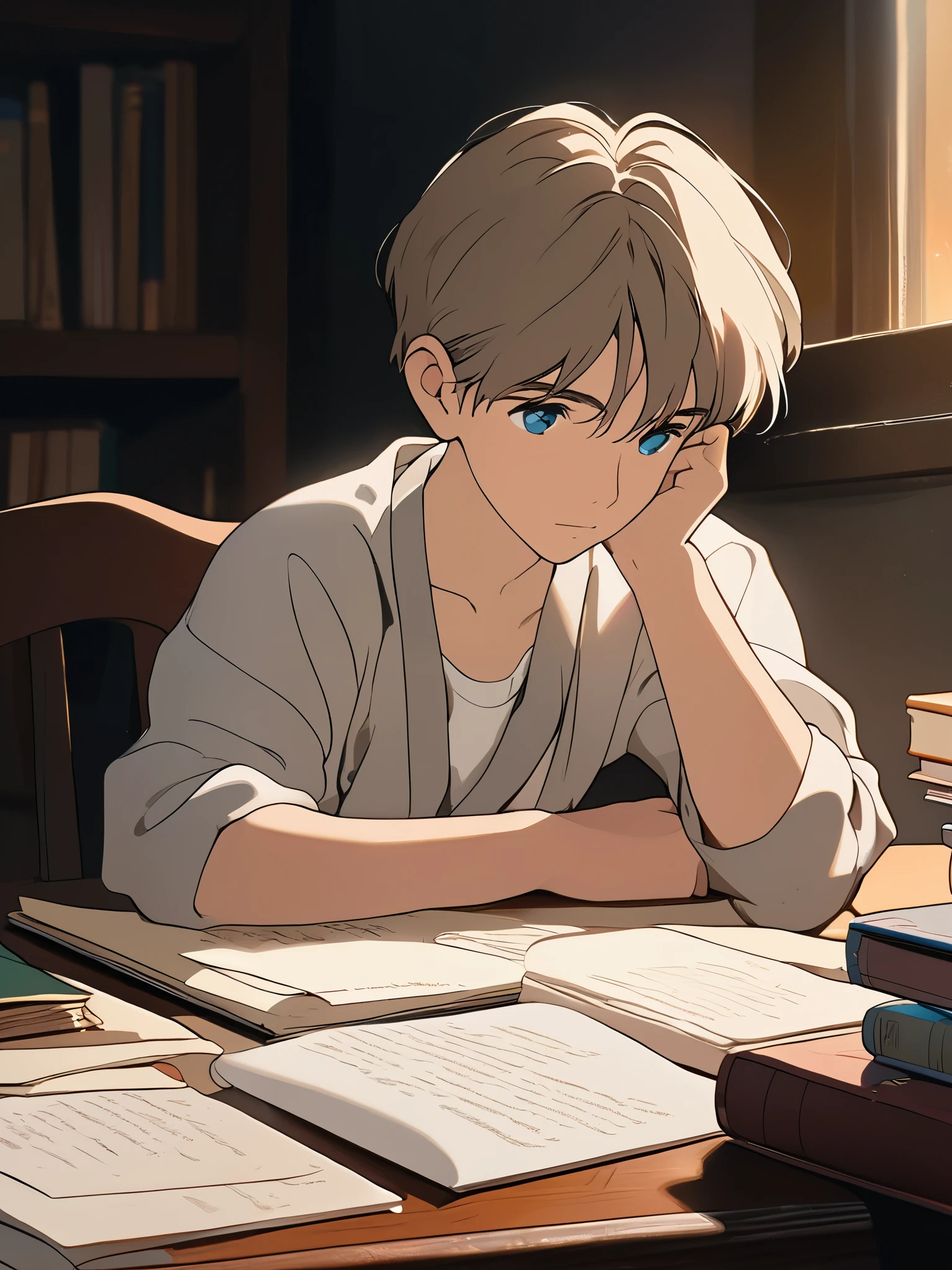 "A portrait of a young boy deeply focused on his studies, sitting at a wooden desk with books and papers spread out. Captured with an Arri Alexa LF using a Zeiss Master Prime 50mm lens, the scene is lit by soft, natural light filtering in from a nearby window, casting a gentle glow on the boy's face and highlighting the concentration in his eyes. The shallow depth of field (f/1.4) emphasizes the boy's thoughtful expression and the details of his study materials, while the background fades into a warm, inviting blur, creating a calm and studious atmosphere use of natural light."