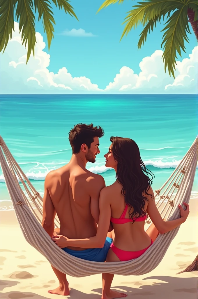 Couple in swimsuits hugging in a hammock on a lonely beach with a sea background with blue sky and waves