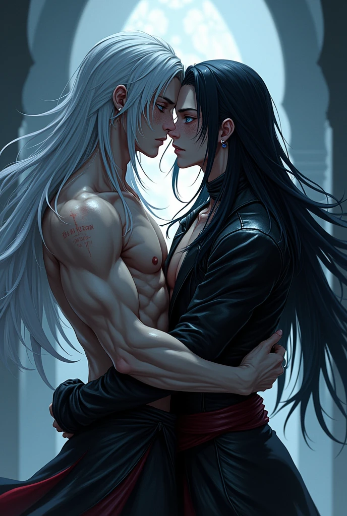 two males, 2 anime assassins, with long black hair freckled skin intimately kissing, handsome, with long white hair, blue/grey eyes half way closed, facial expressions of happiness and love, intimatehug, Dark fantasy romantic semirealistic manga comic style. Volumetric and dynamic lighting. Hyperdetailed photorealistic hyperrealistic, Stunning dark fantasy,perfect body and face, Dark fantasy romantic semirealistic manga comic style, Volumetric and dynamic lighting, Hyperdetailed photorealistic hyperrealistic, Stunning dark fantasy,"