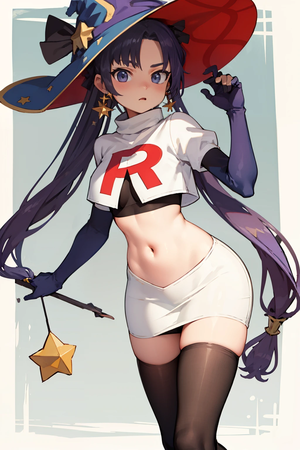 ((masterpiece,best quality)), team rocket,team rocket uniform,white skirt,red letter R,crop top,black thigh-highs,black elbow gloves, purple_hair, zettai ryouiki, aamona, long hair, twintails, star_earrings,hair ornament, hat, jewelry, star_\(symbol\), witch_hat, earrings, purple headwear, cowboy shot,