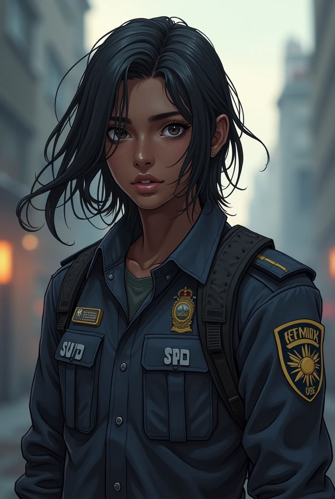 A 1 dark-skinned young man,silky hair,estilo the last of us,with light Swat uniform only instead of saying SWAT it says SPD but anime style