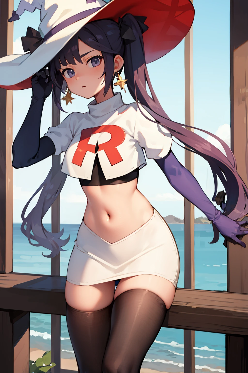 ((masterpiece,best quality)), team rocket,team rocket uniform,white skirt,red letter R,crop top,black thigh-highs,black elbow gloves, purple_hair, zettai ryouiki, aamona, long hair, twintails, star_earrings,hair ornament, hat, jewelry, star_\(symbol\), witch_hat, earrings, purple headwear, cowboy shot,