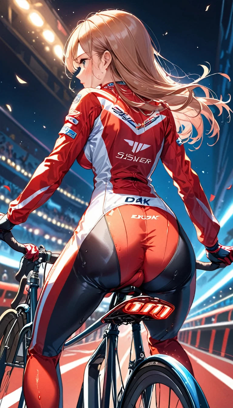 (masterpiece:1.2),(Highest quality),(Super detailed:1.2),(High resolution),(Highest quality),(An illustration),8k,Cinema Lighting,(Written boundary depth),(Sophisticated lighting:1.2),Rear view of a woman riding a bicycle,(Racing Suits),(Racing Gloves),((Looking Back)),((Butt)),(Sweat),(Hand,detailed,perfect,perfection,Hands),(riding bicycle)
