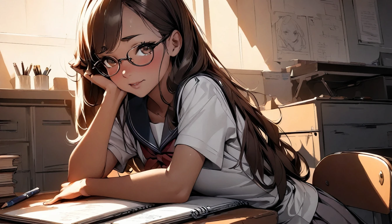 (highest quality:1.2, Very detailed, up to date, Vibrant, Ultra-high resolution, High Contrast, masterpiece:1.2, highest quality, Best aesthetics), Portraiture、girl, 20-years-old, Bright colors、Beautiful fine details、Beautiful lip detail, long hair、brown eyes, ((slim body:1.4)), (small breast:0.7), (dark skin:0.5), glasses, ((school uniform:1)), studyind, sitting at the study desk, notebook and pencil, her room, embarrassed:1.4, lineart, clean line drawings, look at viewer, sepia color:1.5, solo:1.5,raised eyebrows, wide angle