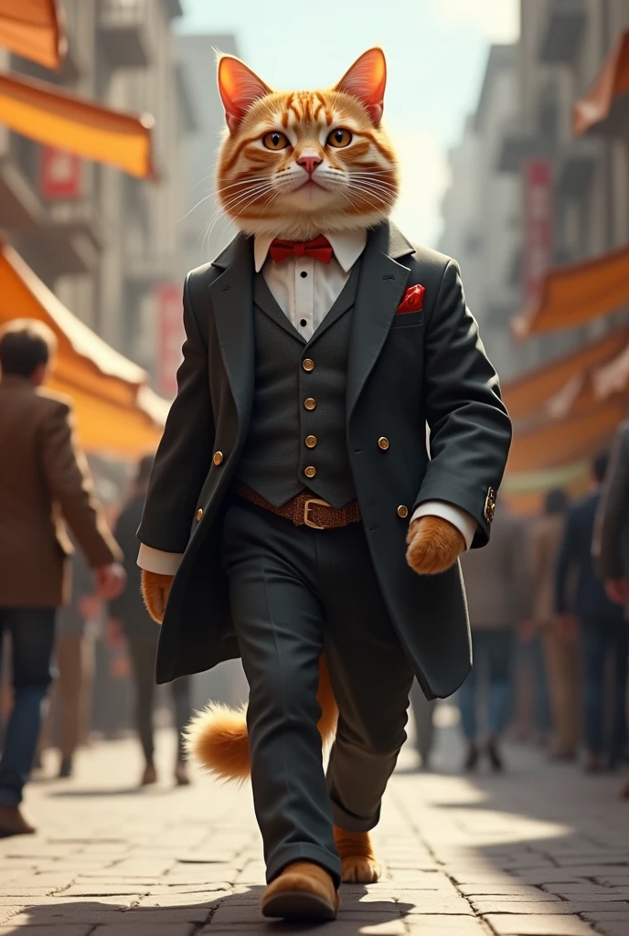 Cat walk in public place with three piece sute