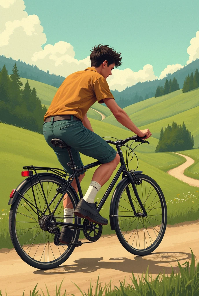 Drawing of a person riding a bicycle in side view with a country background