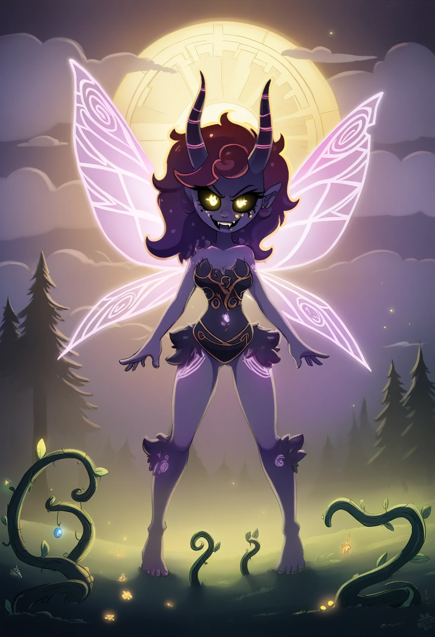 "A fairy-tale environment with a shadowy forest background, featuring tree silhouettes and prismatic coloration. The scene depicts a young woman with purple skin, glowing with heavy freckles. She has a unique, ethereal appearance with fluffy, cloud-like Glimmering Red curls and two long Golden Demonic Curved Horns from her head, decorated with Ethereal Glowing runes. Her face is serious, with sharp Blue glowing eyes and Black sclera, and a small, cute nose. She has deer-like ears and two small vampire-like fangs, adding a mystical touch to her expression. Her outfit is made from natural materials, like grass and leaves, designed to blend into the forest setting while remaining modest. She wears a form hugging bikini made from leaves and vines, which covers her body and creates a fairy-like silhouette, Her legs are wrapped in vines, giving a natural, forest-dwelling appearance. She has large, golden fairy-like wings with a delicate ethereal design and a set of two long fluffy, cloud-like white fox tails swaying gently behind her, both depicted with intricate details. She is standing barefoot in a forest clearing, in a poised and confident stance, suggesting she is ready for an adventure. The scene is filled with a magical, otherworldly atmosphere the overall enchantment of her appearance. detailed face, extremely detailed eyes, masterpiece, 4k, 8k, highres, ultra-detailed, physically-based rendering, professional, vivid colors, studio lighting cinematic lighting, dramatic lighting, fantasy, dramatic composition, dynamic pose, volumetric lighting, reflective lake, reflective lake, vivid colors, intricate details, breathtaking scenery, glowing magical energy, intricate fantasy character, highly detailed face, piercing gaze, sharp features, long eyelashes, ethereal, glowing runes on body, mystical,
