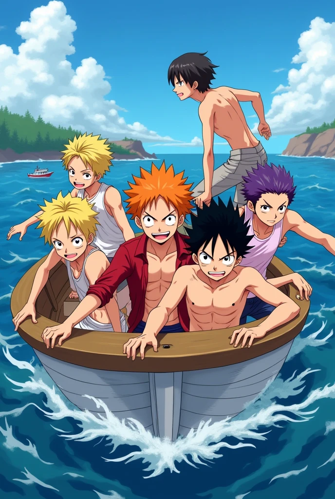 5 Teenage Males on a Boat, anime style toei animation Make one of them light blonde,yellowish red, chestnut hair, Bblack hair, purple hair, all 19/ Estilo One Piece