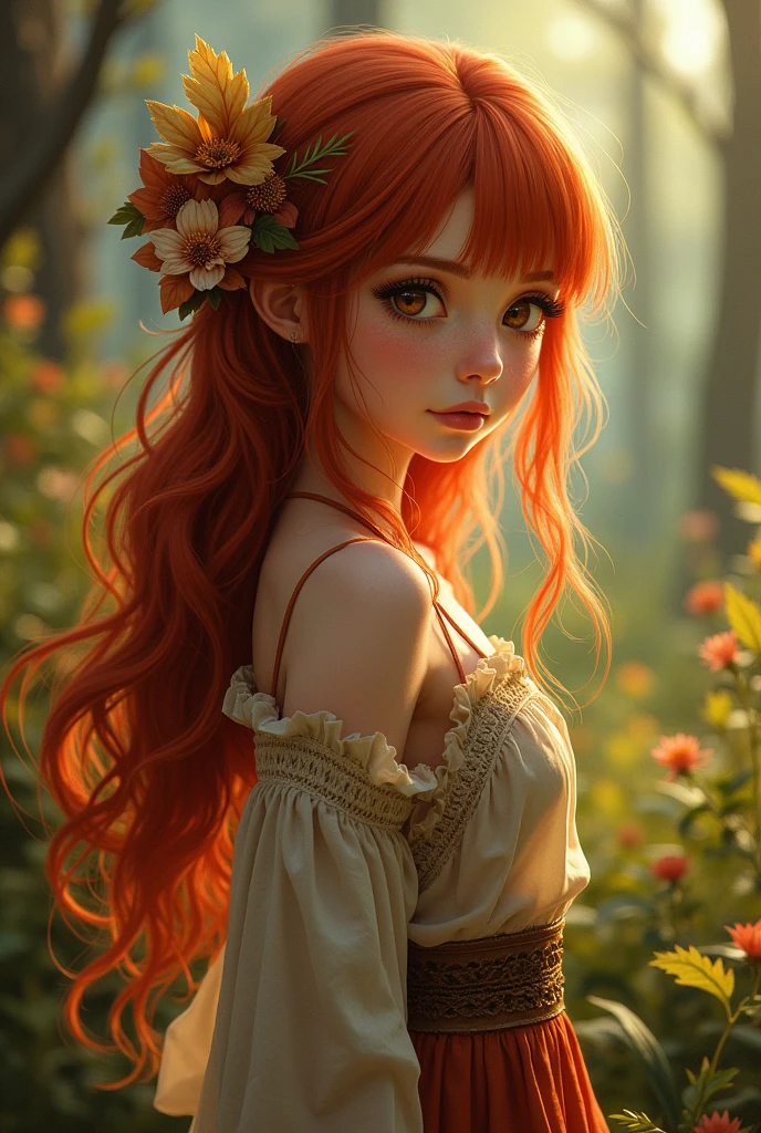 Girl 1'60 tall, with long red hair with bangs, listens to gypsy and wears modern clothes