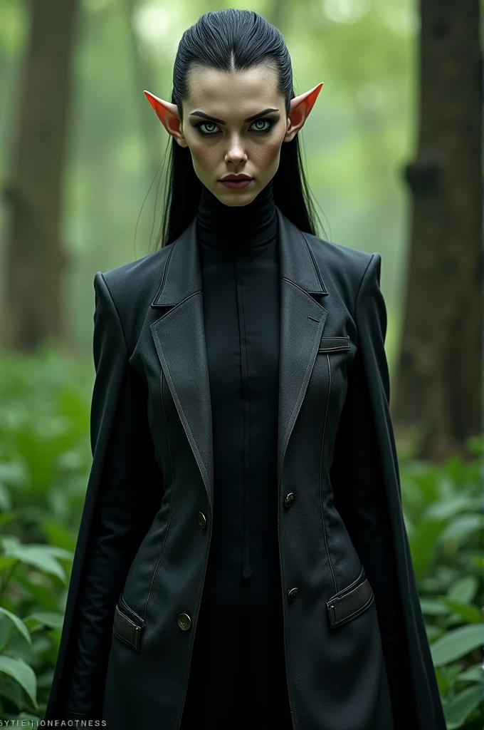 Make an image of a very tall thin elf with druid features, sadistic and evil facial expression, slicked back hair, gray eyes, black dress in a green suit