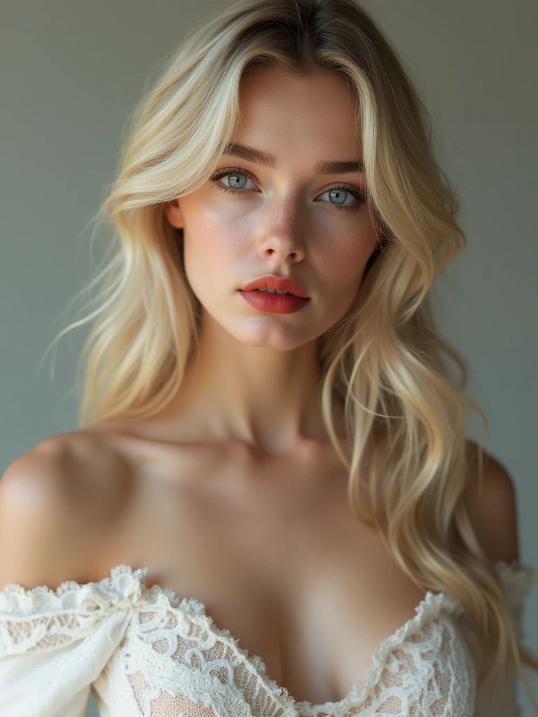 beautiful girl blond with Nordic features, upturned nose, blue eyes, red lipstick, big large boobs