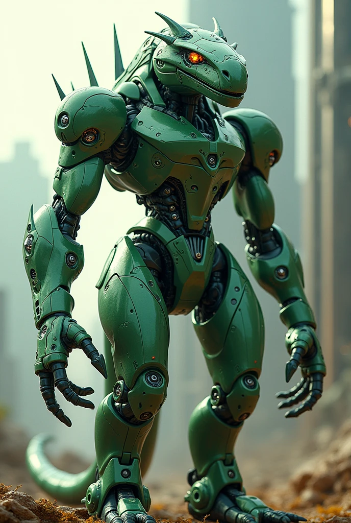 A green robot with dragon eyes