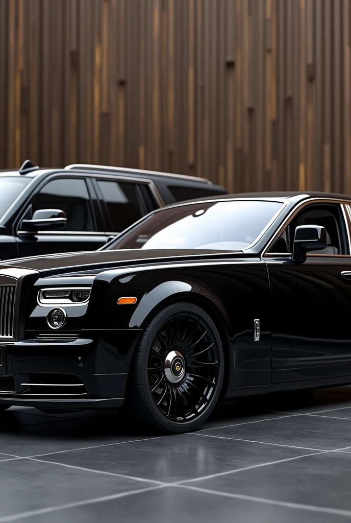 Roll Royce Phantom in black with a sophisticated sheet background accompanied by a Cadillac Escalade and for wallpaper