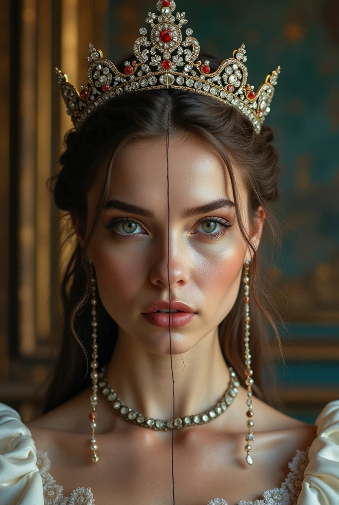 I want a woman divided into love photo, One side of the photo is her as a royal princess and the other side is her as a poor commoner. 