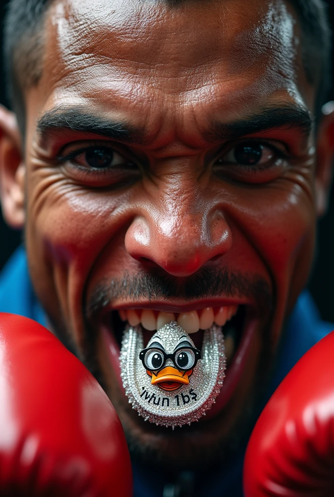 Close-up photo of a sweaty, bold boxer, as if he has just won a fight, with his mouth open proudly showcasing a yellow mouthguard adorned with diamonds in his mouth. The mouthguard has the inscription 'IVFUN 1B$' on it, with diamonds only on the front. A stylish cartoon duck wearing glasses is illustrated on the mouthguard. The boxer has an intense expression, emphasizing his mouthguard