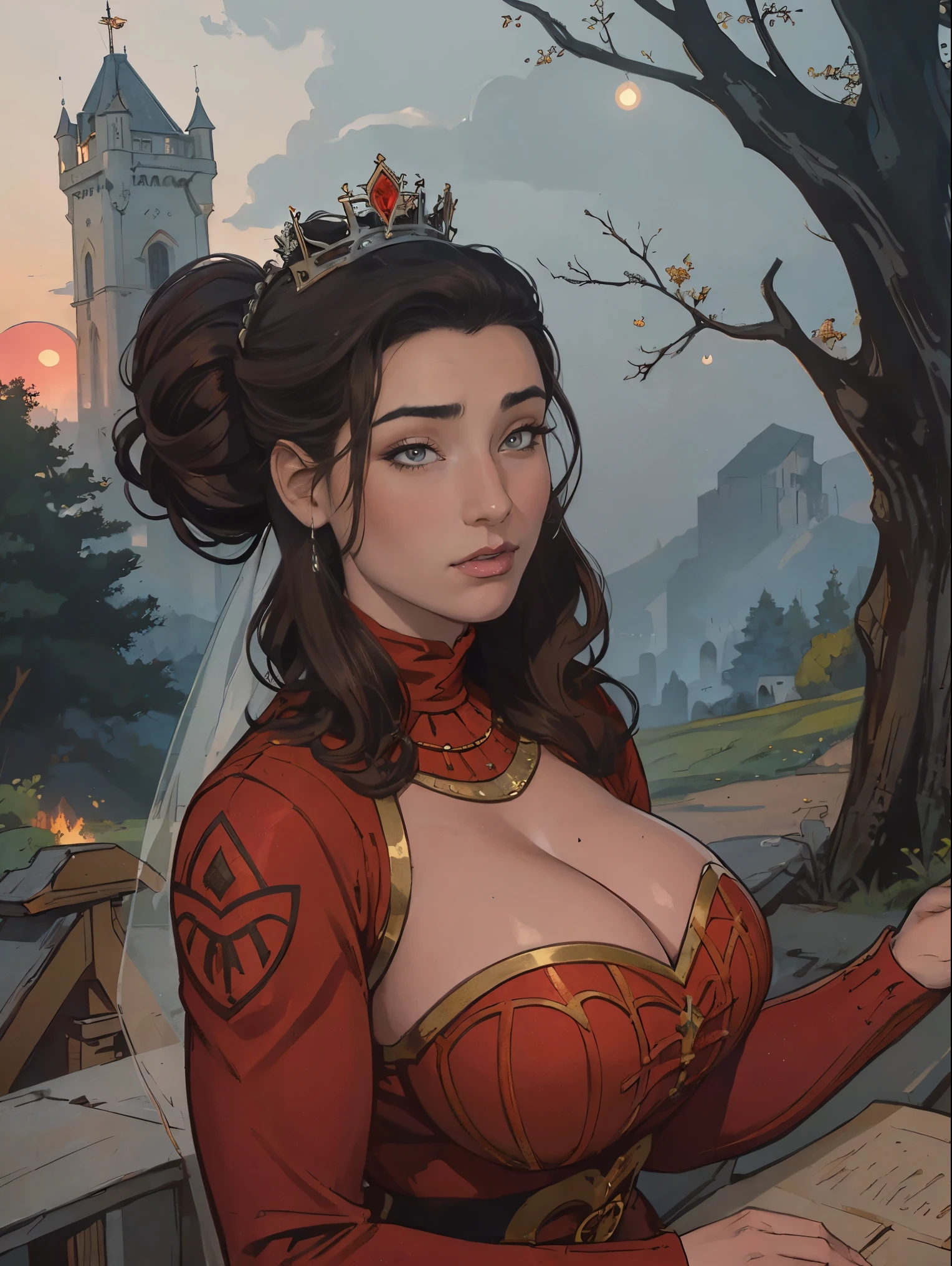 Gorgeous and sultry busty athletic (thin) brunette queen with sharp facial features wearing a modest updo, dark red medieval dress, long sleeves, intricate patterns, scrollwork, wide neck, crown, veil, long dress, modest dress, tight bodice, (silver waist chain), medieval jewelry, Middle Ages, castle, rampart, wall, exterior, on top of a castle wall, trees, countryside, evening, sunset.