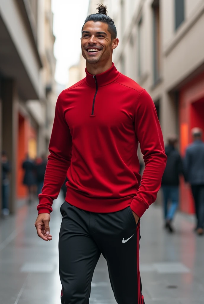 Cristiano Ronaldo;sur une ville de luxe imaginaire,au futur,en sourient,porte une pulls rouge,un pantalon noir avec un peu de rouge,des claquettes noir nike