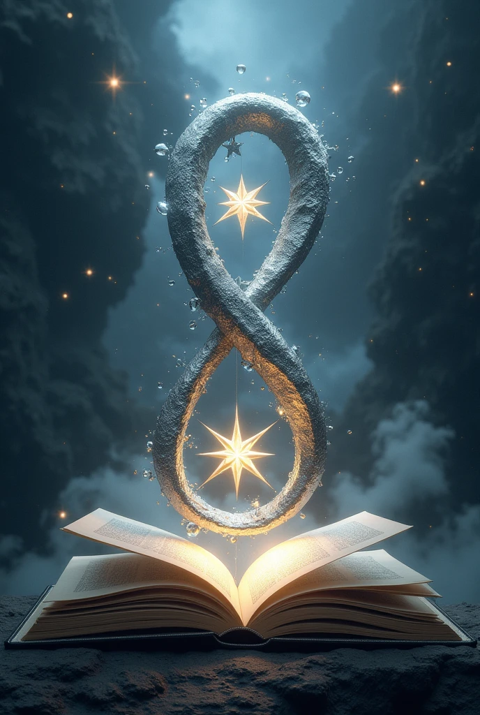 a large, silver infinity symbol, turned 324°. At the middle point in the center, there is a six-pointed star, half luminous and half shadowy, floating above an open book whose pages are moving as if they were leaves in the wind. In the space around the central symbol, there are shadows and lights that appear to be in constant motion, giving the impression that the symbol is alive and in a state of flux