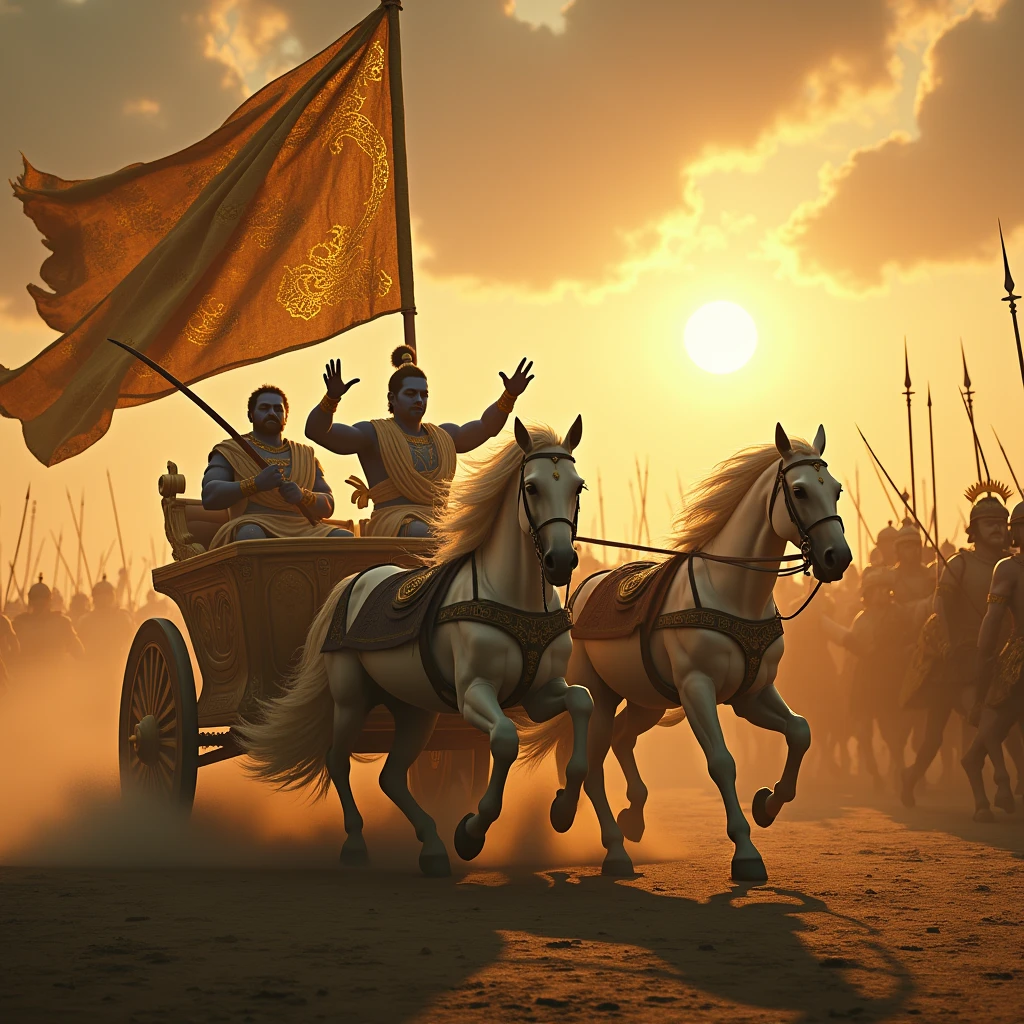 Capture an epic cinematic film still with a 35mm film quality shot on an Arri Alexa 35 camera, highlighting a grand scene from an ancient mythological battle. In the foreground, a majestic chariot, adorned with intricate golden designs, charges forward, pulled by powerful white horses mid-gallop, their manes flowing with intensity. Riding the chariot are two divine warriors is the central figure, with blue skin, clad in royal attire, holding the reins with one hand while gesturing forward with the other, and another warrior beside him, poised with a bow, ready for battle. A massive golden flag billows dramatically in the wind against a radiant sun, casting a warm, ethereal glow over the scene. In the background, an army of warriors surges forward, their spears and swords raised, creating a sense of depth and scale. The scene is filled with dynamic motion, capturing the essence of an epic confrontation with rich, cinematic depth of field. 16k, color-graded, post-processed aesthetic