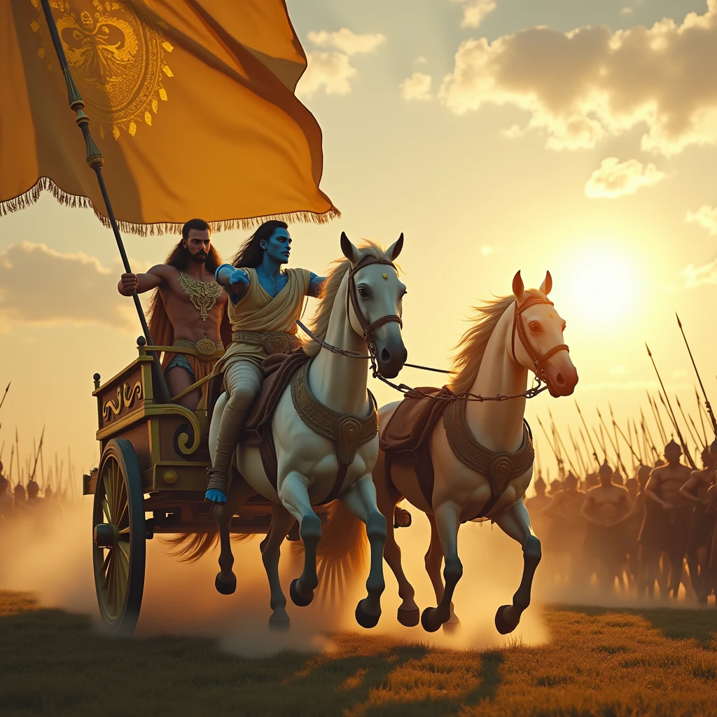 Capture an epic cinematic film still with a 35mm film quality shot on an Arri Alexa 35 camera, highlighting a grand scene from an ancient mythological battle. In the foreground, a majestic chariot, adorned with intricate golden designs, charges forward, pulled by powerful white horses mid-gallop, their manes flowing with intensity. Riding the chariot are two divine warriors is the central figure, with blue skin, clad in royal attire, holding the reins with one hand while gesturing forward with the other, and another warrior beside him, poised with a bow, ready for battle. A massive golden flag billows dramatically in the wind against a radiant sun, casting a warm, ethereal glow over the scene. In the background, an army of warriors surges forward, their spears and swords raised, creating a sense of depth and scale. The scene is filled with dynamic motion, capturing the essence of an epic confrontation with rich, cinematic depth of field. 16k, color-graded, post-processed aesthetic