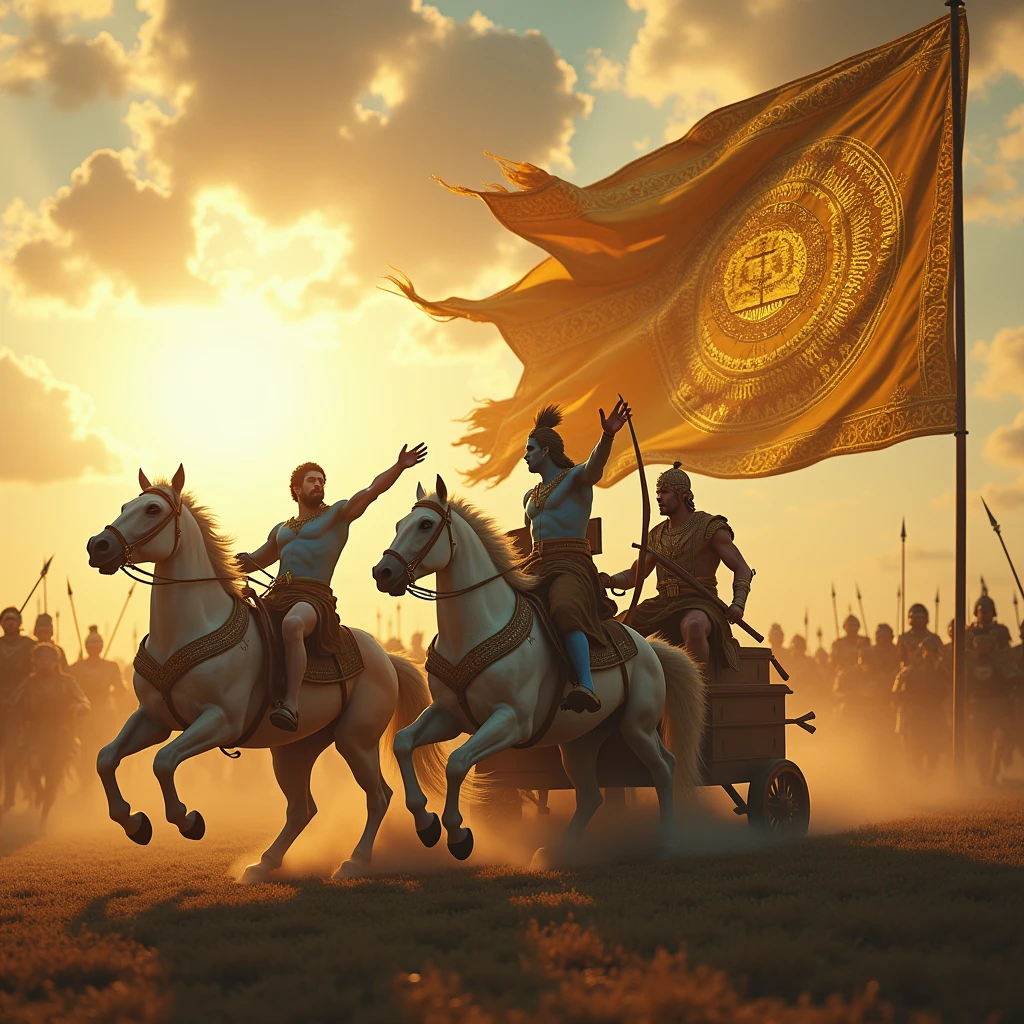 Capture an epic cinematic film still with a 35mm film quality shot on an Arri Alexa 35 camera, highlighting a grand scene from an ancient mythological battle. In the foreground, a majestic chariot, adorned with intricate golden designs, charges forward, pulled by powerful white horses mid-gallop, their manes flowing with intensity. Riding the chariot are two divine warriors is the central figure, with blue skin, clad in royal attire, holding the reins with one hand while gesturing forward with the other, and another warrior beside him, poised with a bow, ready for battle. A massive golden flag billows dramatically in the wind against a radiant sun, casting a warm, ethereal glow over the scene. In the background, an army of warriors surges forward, their spears and swords raised, creating a sense of depth and scale. The scene is filled with dynamic motion, capturing the essence of an epic confrontation with rich, cinematic depth of field. 16k, color-graded, post-processed aesthetic