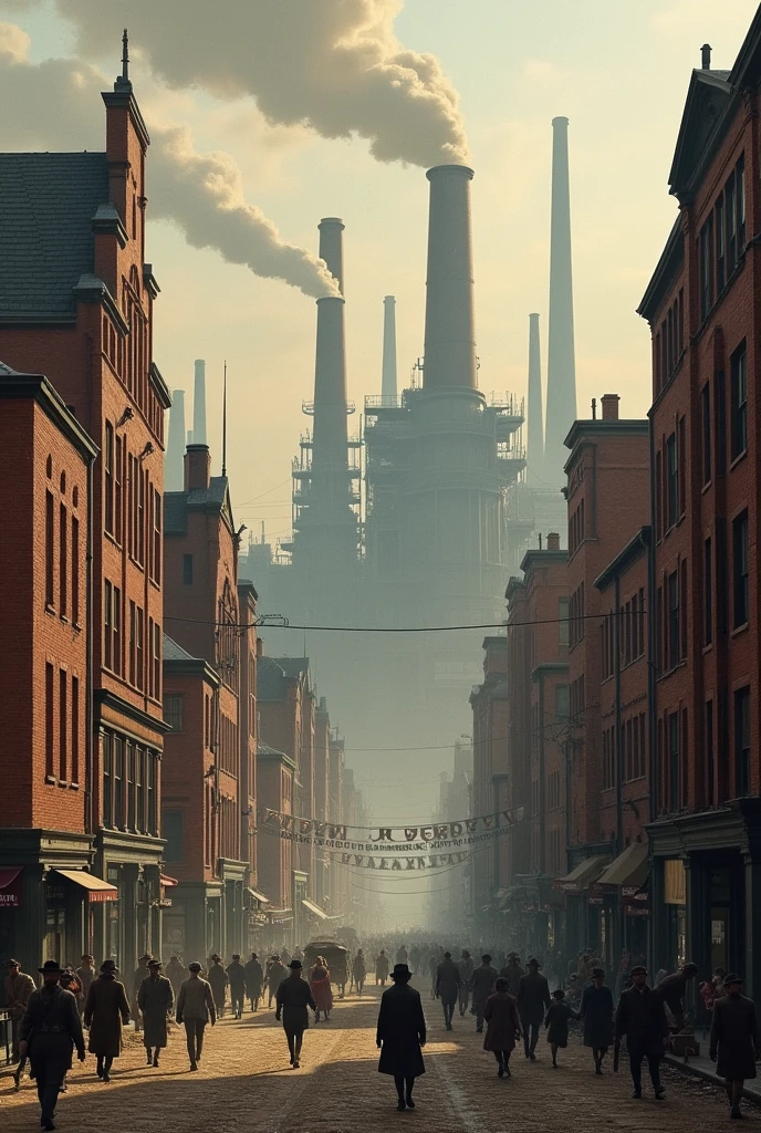 The scene changes to the early 19th century.. Factories are multiplying and can be seen everywhere.. The city is under construction with brick buildings, Smoking chimneys, and streets full of workers and children.