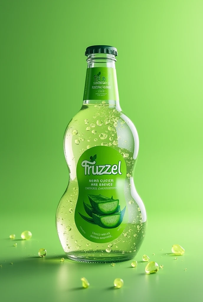 Draw a glass bottle for a natural aloe drink, with aloe crystals in the liquid, with a green label with the name "Fruzzel" and the bottle has a strange shape