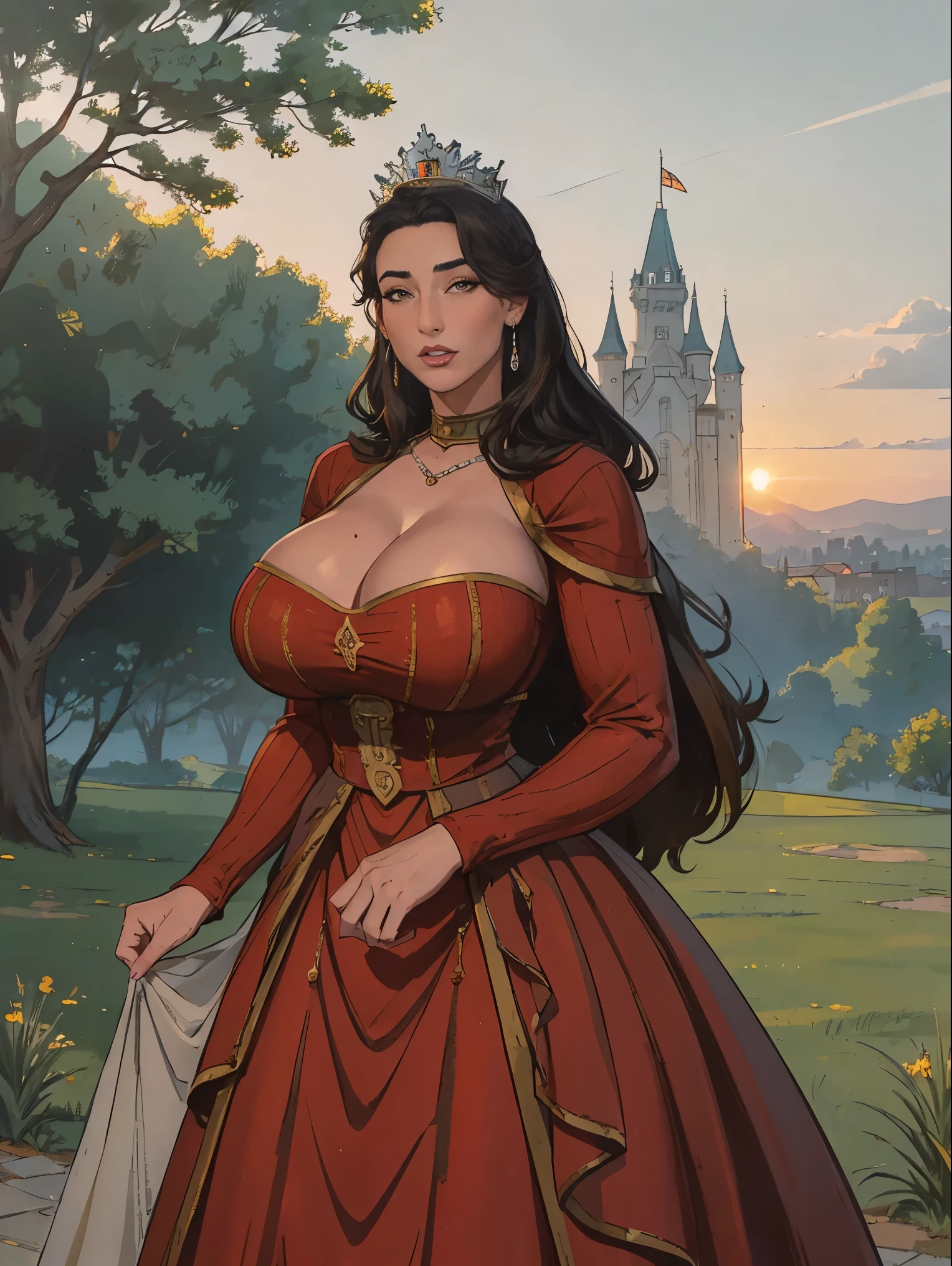 Gorgeous and sultry busty athletic (thin) brunette queen with sharp facial features wearing a modest updo, dark red medieval dress, long sleeves, intricate patterns, scrollwork, wide neck, crown, veil, long dress, modest dress, tight bodice, (silver waist chain), medieval jewelry, Middle Ages, castle, rampart, wall, exterior, on top of a castle wall, trees, countryside, evening, sunset.