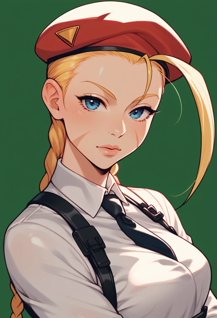 score_9, score_7_up, 1girl, solo, (cammy white):0.7, collared shirt, green background