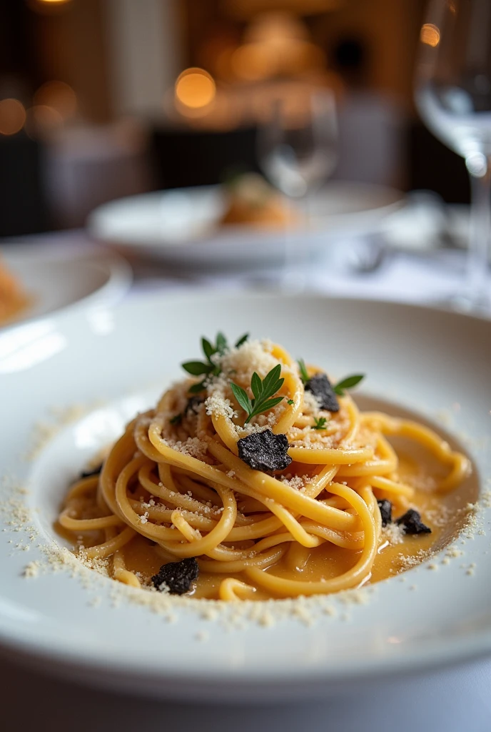 a plate of truffle pasta in a starred restaurant 