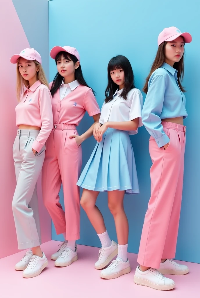 Create a pink and blue school uniform for men and women with models with pants, dresses, socks, cap, blouse