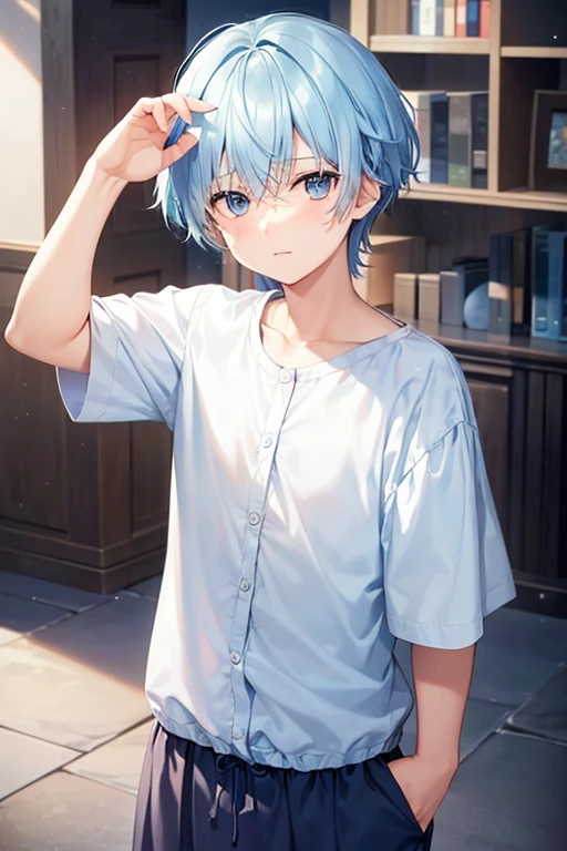 a boy, light blue hair, wearing a dress
