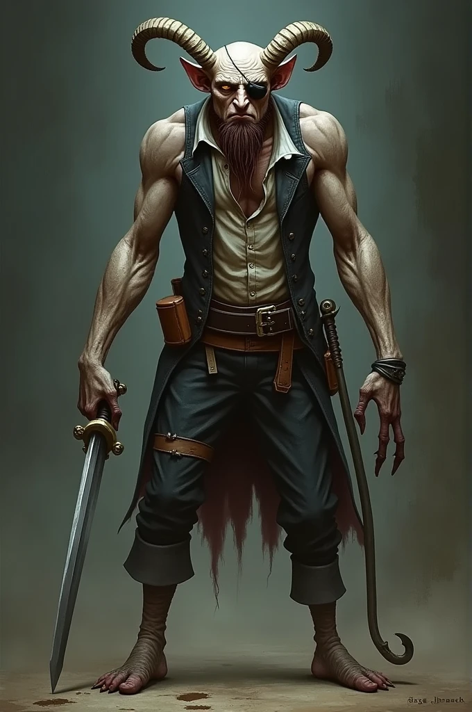 Make a picture of a man of approximately 2. On top of your head, has two horns. His left eye is covered by a pirate eyepatch., while in his right eye he has a cut scar, similar to that of the character of Scarface. His arms are long and, instead of human hands, On his left arm he has a pirate hook and on his right arm a sword.. Her legs are short and, instead of a human foot, his left foot is a chicken's foot.