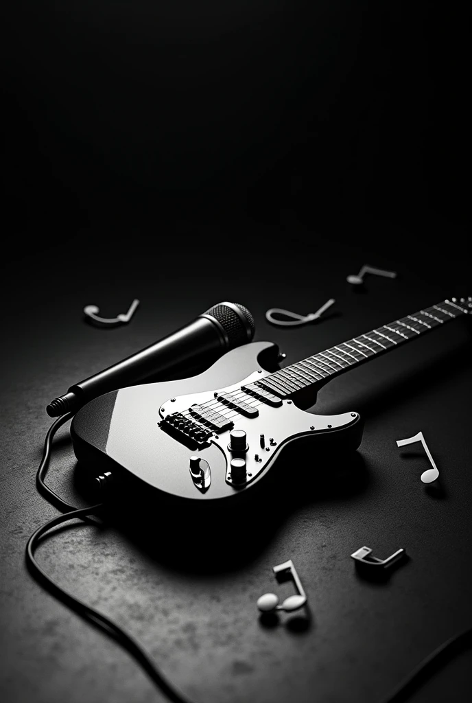 Generates images of a black and white electric guitar and a microphone, together lying on the ground around loose musical notes dark colors