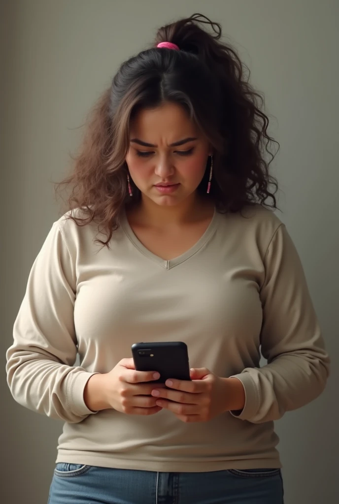  chubby girl moving away from her cell phone a little scared 