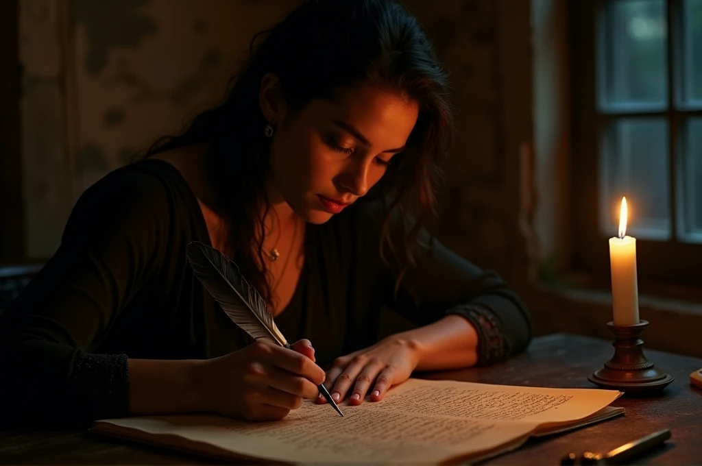 fot, A young woman poet, beautiful young woman of Hispanic descent, sitting within the shadowy confines of an old office. He is writing diligently on a piece of parchment using an ancient quill pen., the only source of light being the dim glow cast by a lone lit candle. 8 k quality, FOTO RAW, by professional photographer, rule of thirds, Extremely Detailed