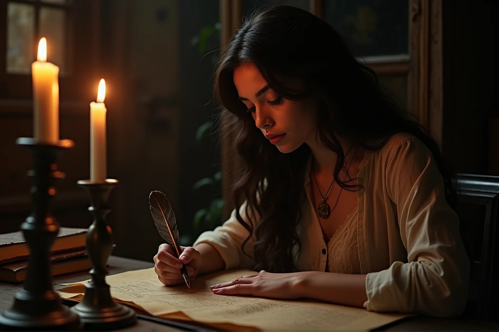 fot, A young woman poet, beautiful young woman of Hispanic descent, sitting within the shadowy confines of an old office. He is writing diligently on a piece of parchment using an ancient quill pen., the only source of light being the dim glow cast by a lone lit candle. 8 k quality, FOTO RAW, by professional photographer, rule of thirds, Extremely Detailed