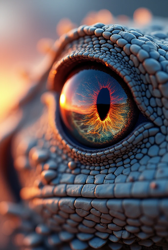 Wide-angle view, hyper-realistic sharpness, digital art style<Close-up of the face of the Brazilian tegu lizard (Salvator merianae) with macroscopic approximation of its left eye, which reflects a cloud with the rising sun; sunrise colors in pastel tones, rendered texture, detailed visual aspect, smooth gradient between light and dark