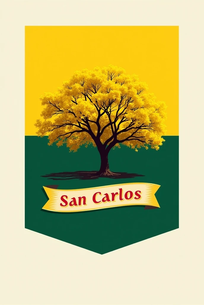 A tree with yellow flowers in the center of the logo Flag with two colored bands yellow above and green below. name of Red Bark Yellow of San Carlos on a band or ribbon.