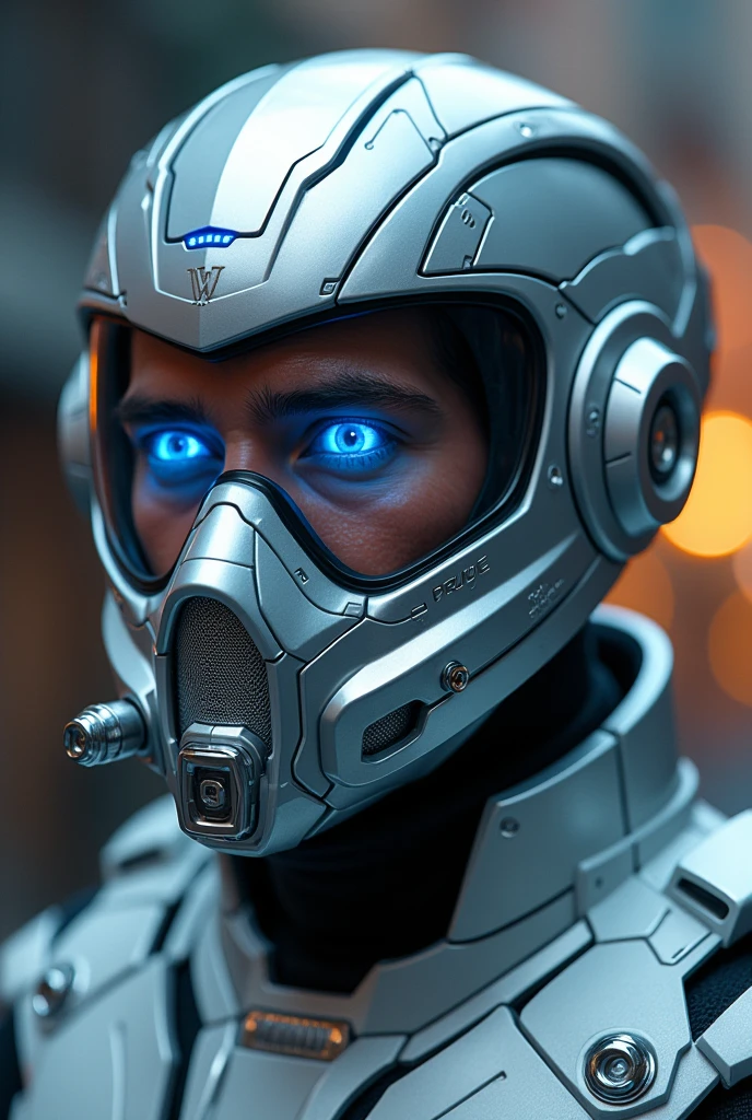 1 man, silver motorcycle helmet, snorkeling mask, portrait close up. Silver two pipe tube from mouth to head. Future design.. high tech. Wear google safety eyes glowing blue. The tube connect from head to mouth. Future headphone design blue led light detail. Starlord helmet design concepts. Very detail . High tech costume. Marvel. shape on the helmet. KAMEN RIDER.. CYBER POLICE. small tube glowing tube. zizan razak