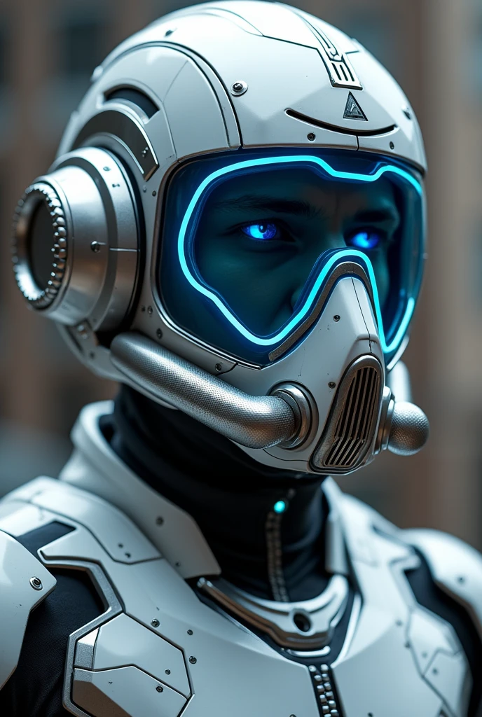 1 man, silver motorcycle helmet, snorkeling mask, portrait close up. Silver two pipe tube from mouth to head. Future design.. high tech. Wear google safety eyes glowing blue. The tube connect from head to mouth. Future headphone design blue led light detail. Starlord helmet design concepts. Very detail . High tech costume. Marvel. shape on the helmet. KAMEN RIDER.. CYBER POLICE. small tube glowing tube. zizan razak