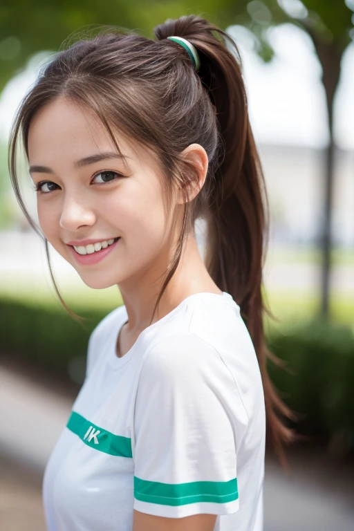 Highest quality,High resolution,8K quality,Girl, Looking this way and smiling,Brown hair in a ponytail, White T-shirt with green stripes, White Dragon