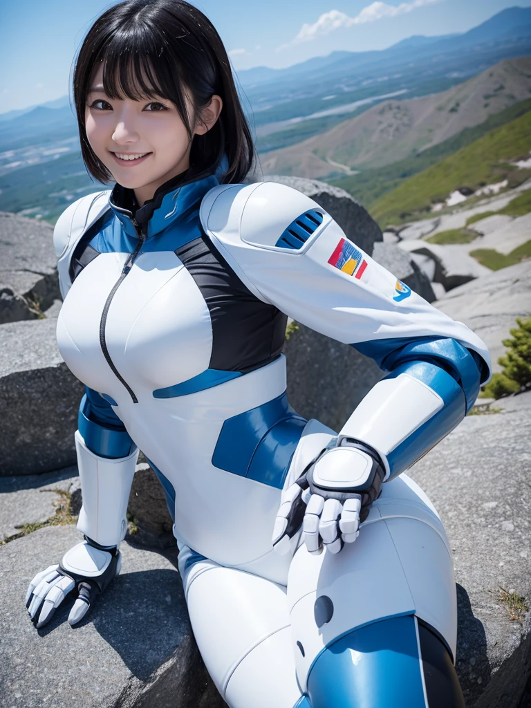 Japanese female android,Black Hair,White and blue robot suit,Plump,Climbing a high mountain in summer,Close-up,smile,
