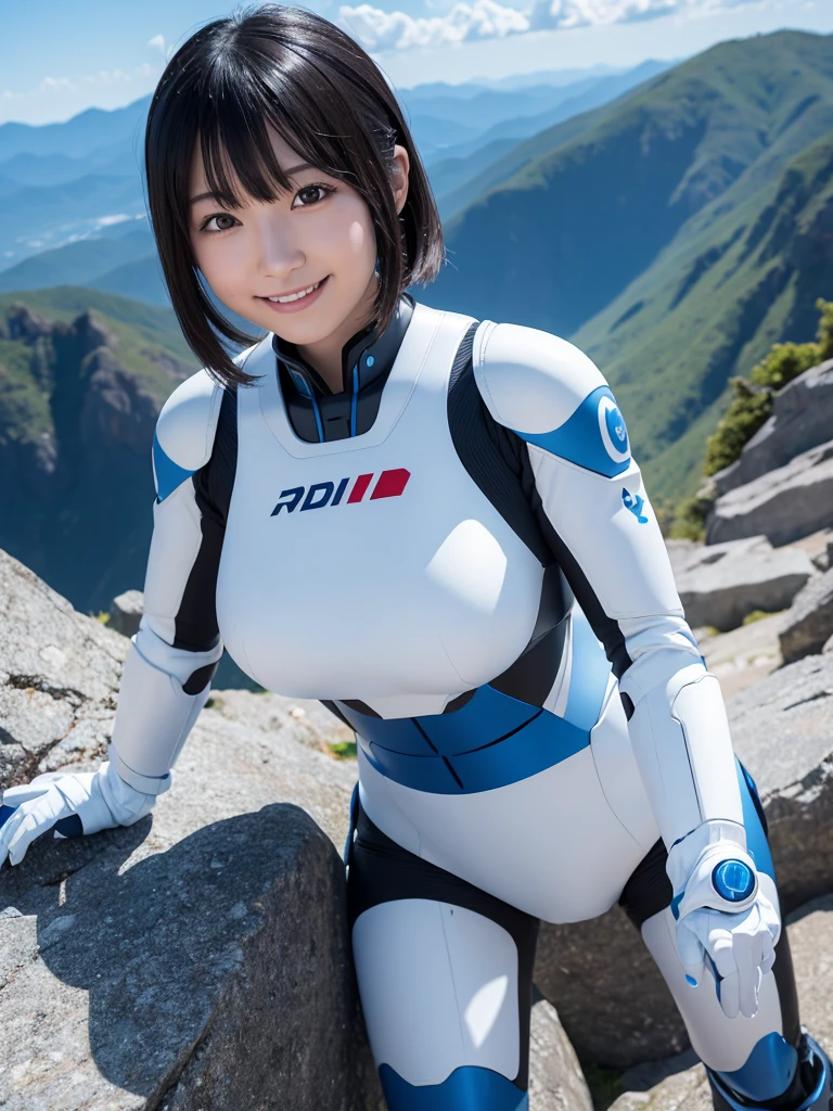 Japanese female android,Black Hair,White and blue robot suit,Plump,Climbing a high mountain in summer,Close-up,smile,