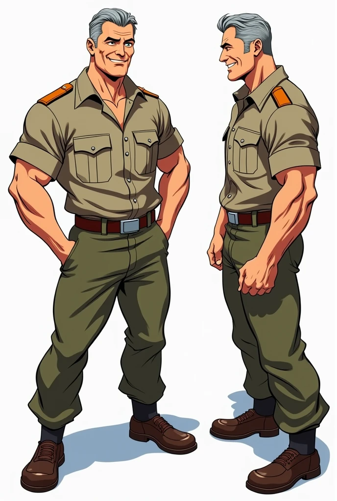 Character of a smiling adult male named John Smith. He has fair skin with some freckles, short gray hair slicked back with hints of brown, and intense blue eyes with a watchful expression. Its construction is robust and muscular. He wears a military uniform. The style should mix 1980s comic book art with 1980s anime, Different angles, character sheet, white background --3:2 Aspect ratio, different poses